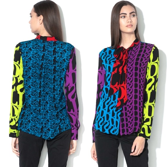 Desigual Logomania Blouse Womens Medium P-Bow Colorful Bold Print Lacroix Artsy - Picture 5 of 16